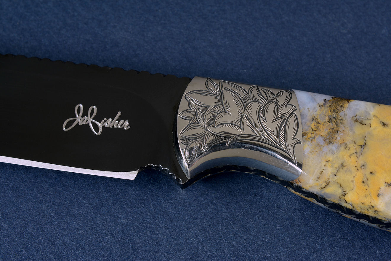 "Aquila" obverse side view in mirror polished and hot blued O1 high carbon tungsten-vandium tool steel blade, hand-engraved 304 stainless steel bolsters, Golden Plume Agate gemstone handle, hand-carved, hand-dyed leather sheath
