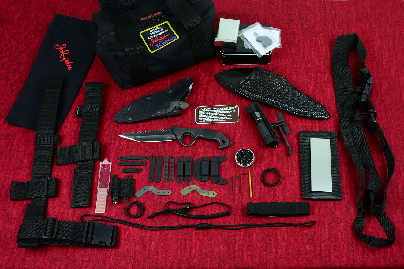 "Ari B'Lilah" professional counterterrorism knife kit, complete, with UBLX, EXBLX, HULA, LIMA, diamond sharpener, leather sheath, sternum harness, lanyards, staps, clamps, hardware, and heavy ballistic nylon duffle "Ari B'Lilah" professional counterterrorism knife kit, complete, with UBLX, EXBLX, HULA, LIMA, diamond sharpener, leather sheath, sternum harness, lanyards, staps, clamps, hardware, and heavy ballistic nylon duffle