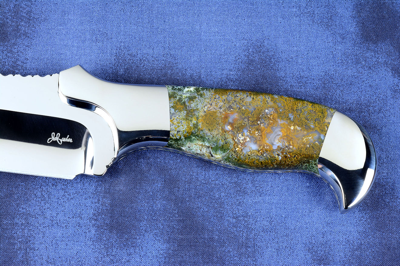 "Axia" obverse side gemstone handle detail, Linda Marie Moss Agate gemstone "Axia" obverse side gemstone handle detail, Linda Marie Moss Agate gemstone