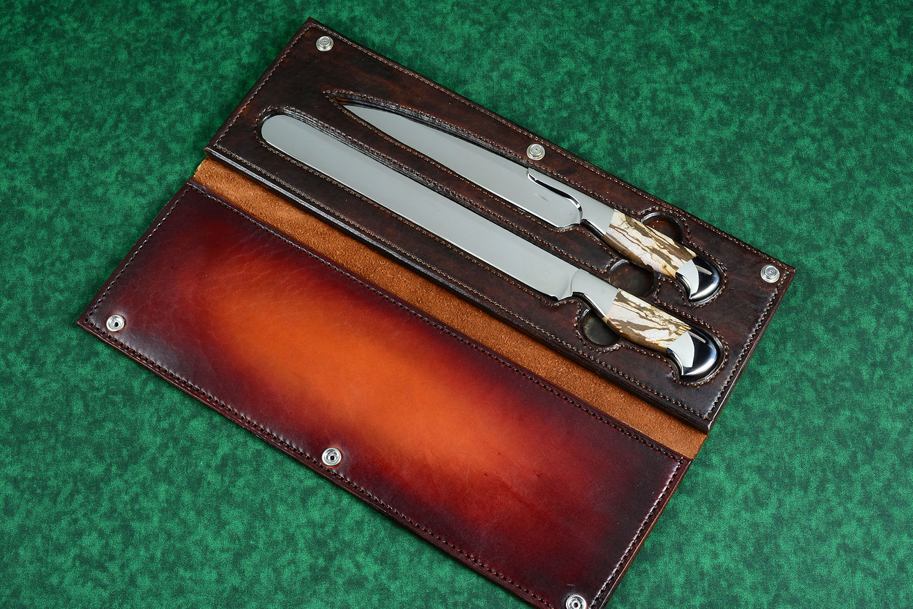 "Bordeaux and Rebanador" fine chef's knives, BBQ knives, book case  in Bison (American Buffalo) skin, embroidered, quilted canvas storage bag