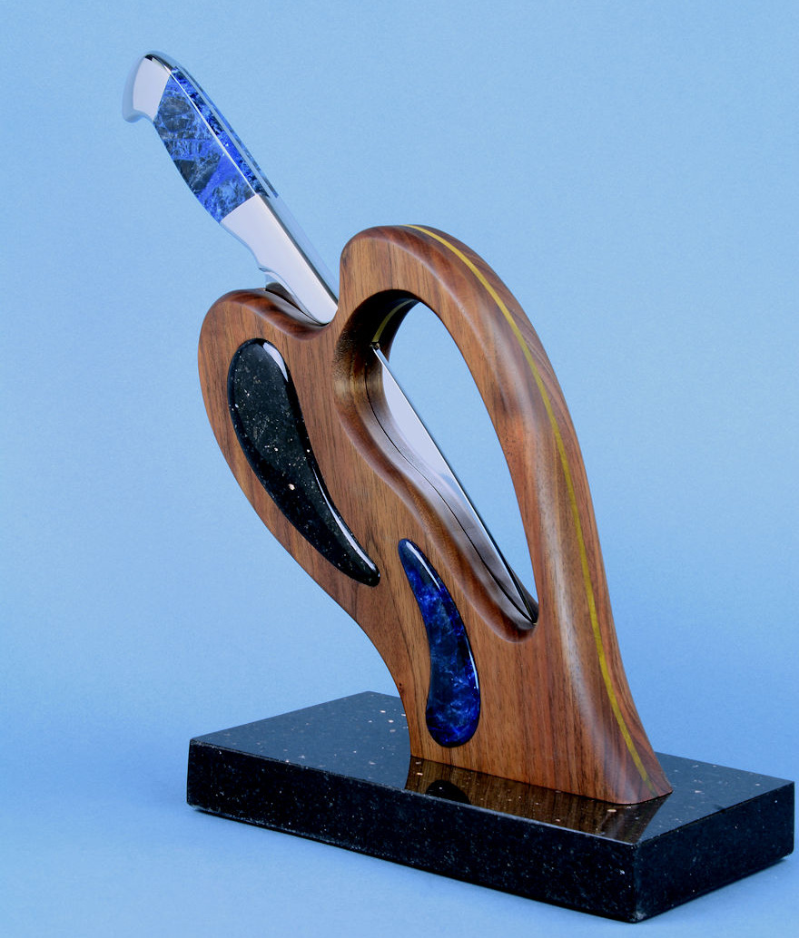 "Concordia" chef's knife  in 440C high chromium stainless steel, T3 cryogenically treated blade, 304 stainless steel bolsters, Sodalite gemstone handle, stand of American Black Walnut, Poplar, Sodalite, Black Galaxy Granite