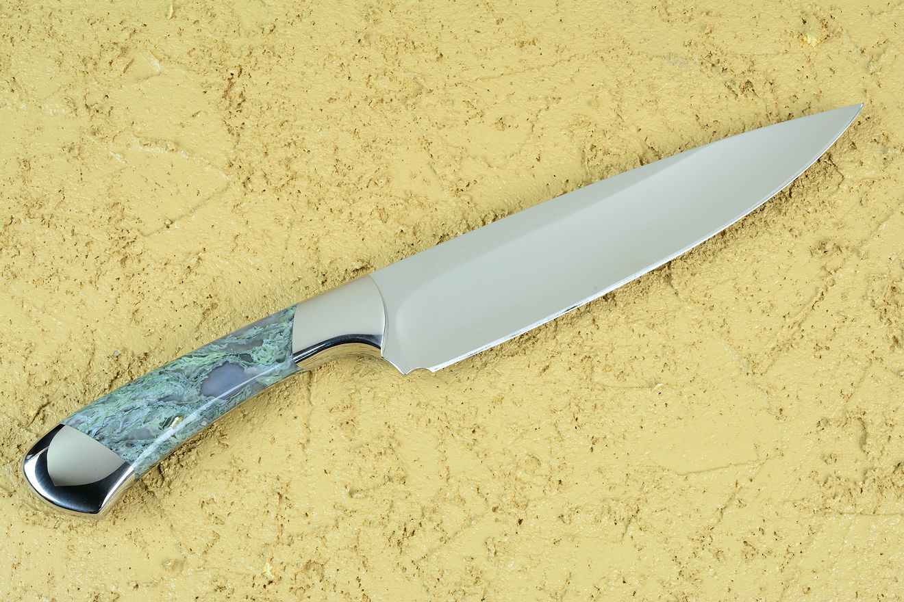 "Cygnus EL" reverse side view in CPM 154CM powder metal technology high molybdenum martensitic stainless steel blade, T3 cryogenically treated, 304 stainless steel bolsters, Horse Canyon Plume Agate gemstone handle, hand-dyed high strength silicone prise "Cygnus EL" reverse side view in CPM 154CM powder metal technology high molybdenum martensitic stainless steel blade, T3 cryogenically treated, 304 stainless steel bolsters, Horse Canyon Plume Agate gemstone handle, hand-dyed high strength silicone prise