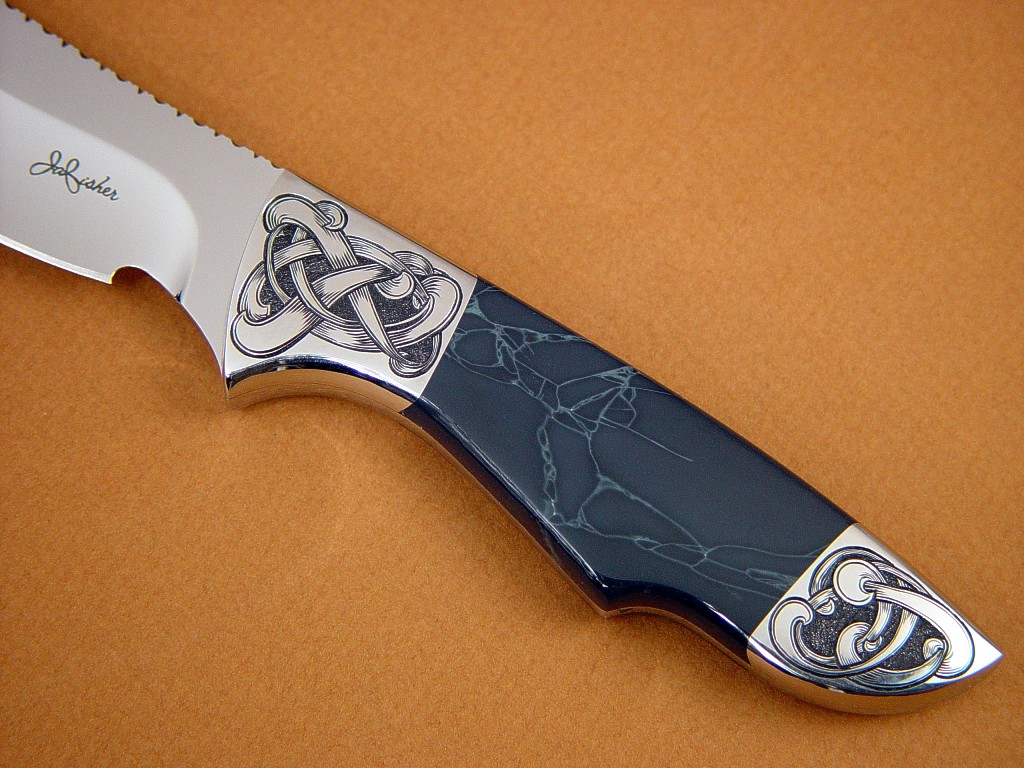 "Furud" obverse side view: 440C high chromium stainless steel blade, hand-engraved 304 stainless steel bolsters, Spiderweb Obsidian gemstone handle, Shark skin inlaid in hand-carved leather sheath