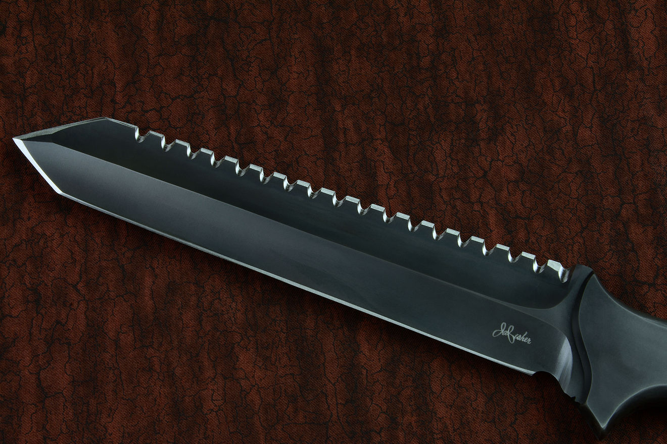 "Galatea" professional tactical, combat, rescue, CSAR, counterterrorism knife, obverse side view in ATS-34 high molybdenum stainless steel blade, 304 staniless steel bolsters, black/orange G10 fiberglass/epoxy laminate composite handle, hybrid tension-locking sheath in kydex, anodized aluminum, stainless steel, titanium