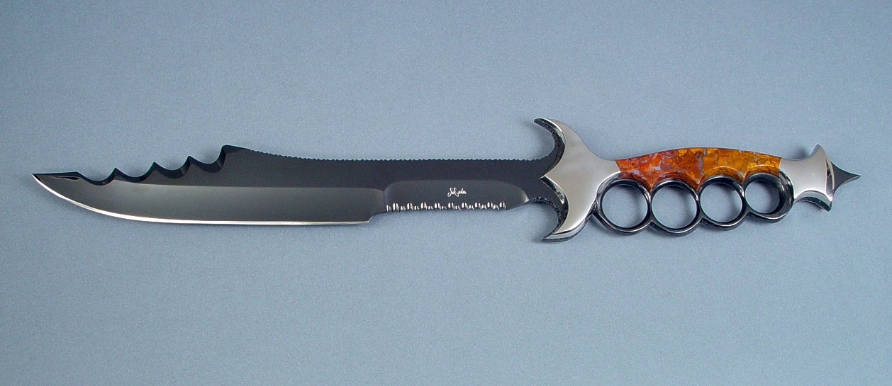 "Kochel" custom art knife, obverse side view in blued, mirror polished O1 high carbon tungsten-vanadium tool steel blade, 304 stainless steel bolsters, Polvadera Jasper gemstone handle "Kochel" custom art knife, obverse side view in blued, mirror polished O1 high carbon tungsten-vanadium tool steel blade, 304 stainless steel bolsters, Polvadera Jasper gemstone handle
