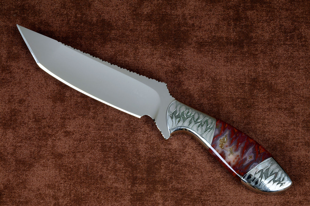 "Nishi" reverse side view in 440C high chromium stainless steel blade, hand-engraved 304 stainless steel bolsters, Sonoran Flame Agate gemstone handle, hand-carved, hand-dyed leather sheath