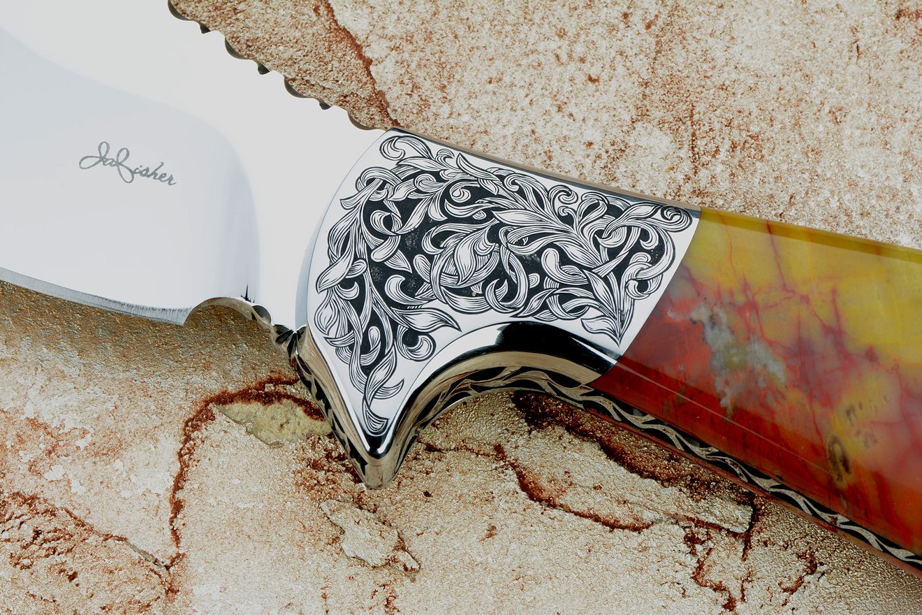 "Nunavut" obverse side view in 440C high chromium stainless steel blade, hand-engraved 304 stainless steel bolsters, agatized, jasper petrified wood gemstone handle, hand-carved, hand-dyed leather sheath