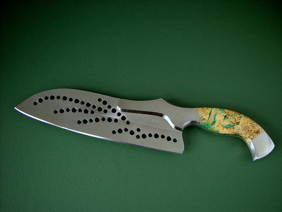 "Saussure" fine handmade custom chef's knife, obverse side view in 440C high chromium stainless steel blade, 304 stainless steel bolsters, Stabilized Box Elder Burl hardwood handle "Saussure" fine handmade custom chef's knife, obverse side view in 440C high chromium stainless steel blade, 304 stainless steel bolsters, Stabilized Box Elder Burl hardwood handle