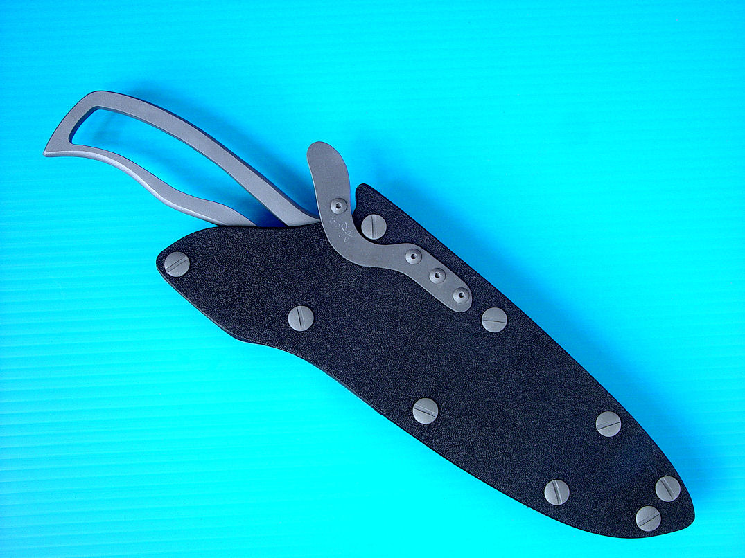 "Viper" skeletonized tactical, combat knife, obverse side view in ATS-34 high molybdenum stainless steel blade, hybrid tension-locking sheath in kydex, aluminum, stainless steel, titanium