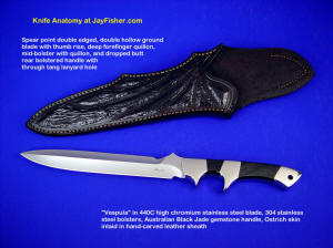 "Vespula" obverse side view: 440C high chromium stainless steel blade, 304 stainless steel bolsters, Australian Black Jade gemstone handle, Ostrich leg skin inlaid in hand-carved leather sheath