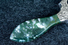 Indian Green Moss Agate is very hard and tough, entirely self-supporting on this dagger handle Indian Green Moss Agate is very hard and tough, entirely self-supporting on this dagger handle