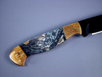Moss Agate gemstone with Mokume Gane diffusion welded layered bolsters, blued blade Moss Agate gemstone with Mokume Gane diffusion welded layered bolsters, blued blade