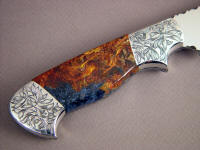 Chinese Pietersite Agate gemstone knife handle on "Altair." Agate has chatoyant areas of brecciated tiger eye quartz in multiple colors. Chinese Pietersite Agate gemstone knife handle on "Altair." Agate has chatoyant areas of brecciated tiger eye quartz in multiple colors.