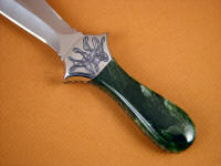 Alaskan Nephrite jade is very tough, tough enough to be used without a rear bolster protecting the stone on the knife handle Alaskan Nephrite jade is very tough, tough enough to be used without a rear bolster protecting the stone on the knife handle