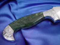 Alaskan Jade gemstone custom knife handle with hand-engraved stainless steel Alaskan Jade gemstone custom knife handle with hand-engraved stainless steel